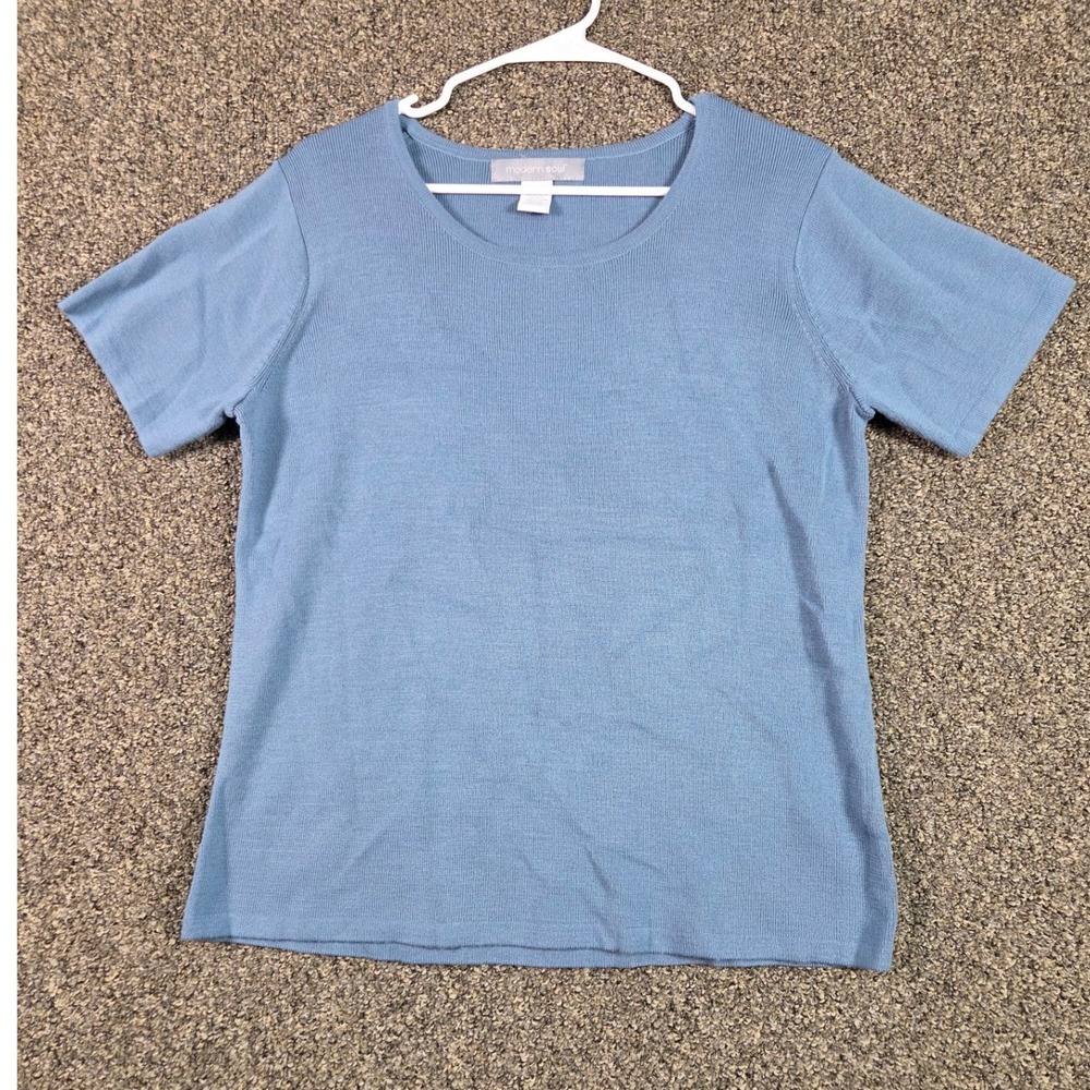 Modern Soul Knit Top Womens Medium Blue Short Sleeve Wool Blend Ribbed Trim